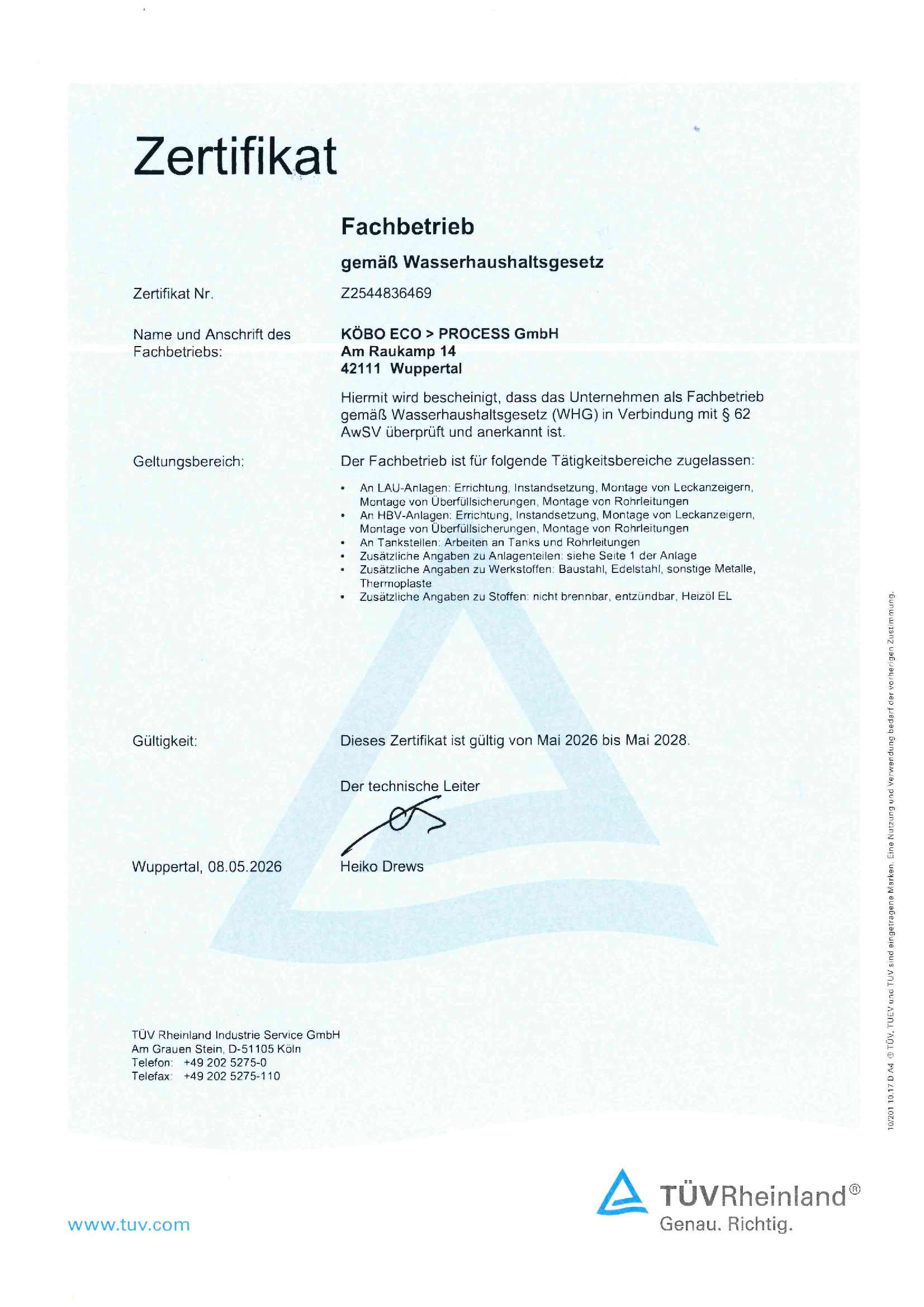 Zertifikat Fachbetrieb gemäß Wasserhaushaltsgesetz