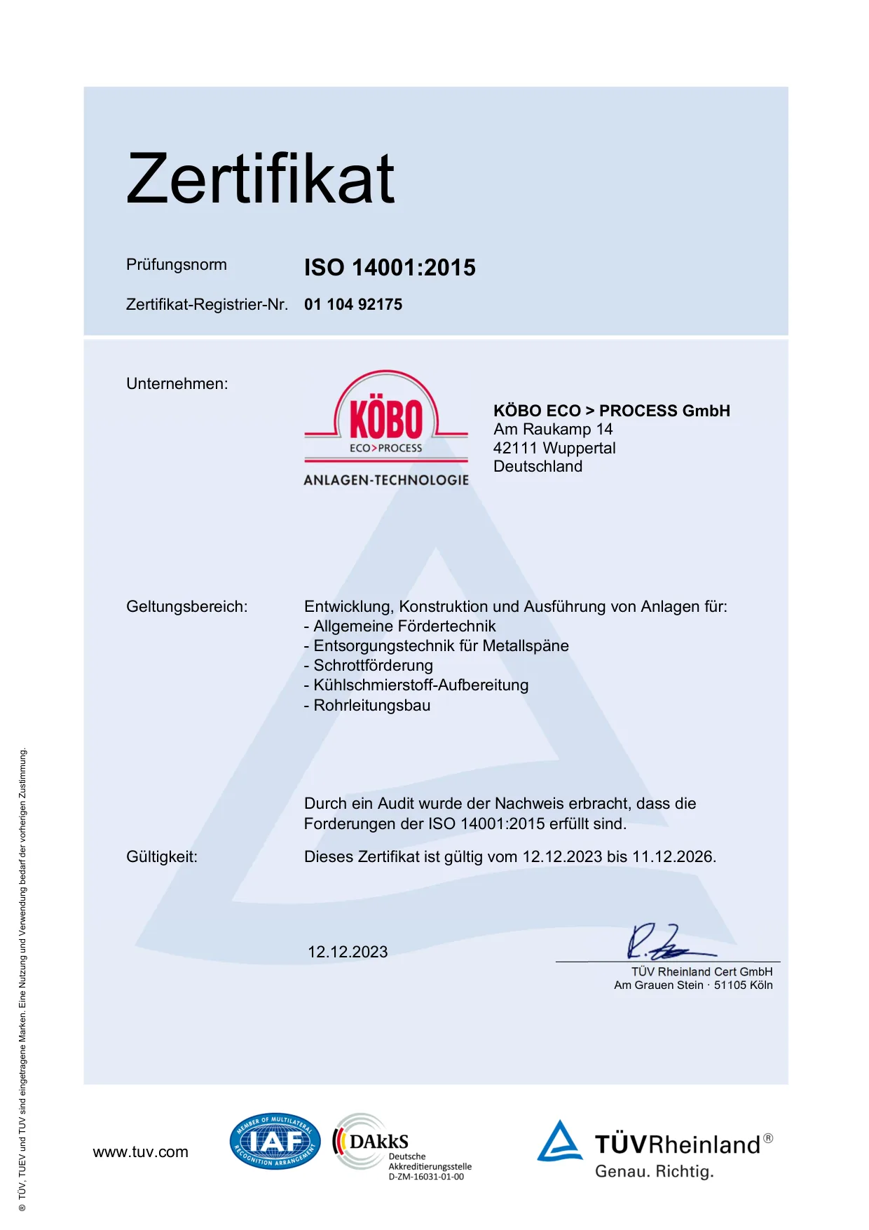 ISO 14001:2015 Zertifikat (deutsch) – KÖBO ECO>PROCESS GmbH