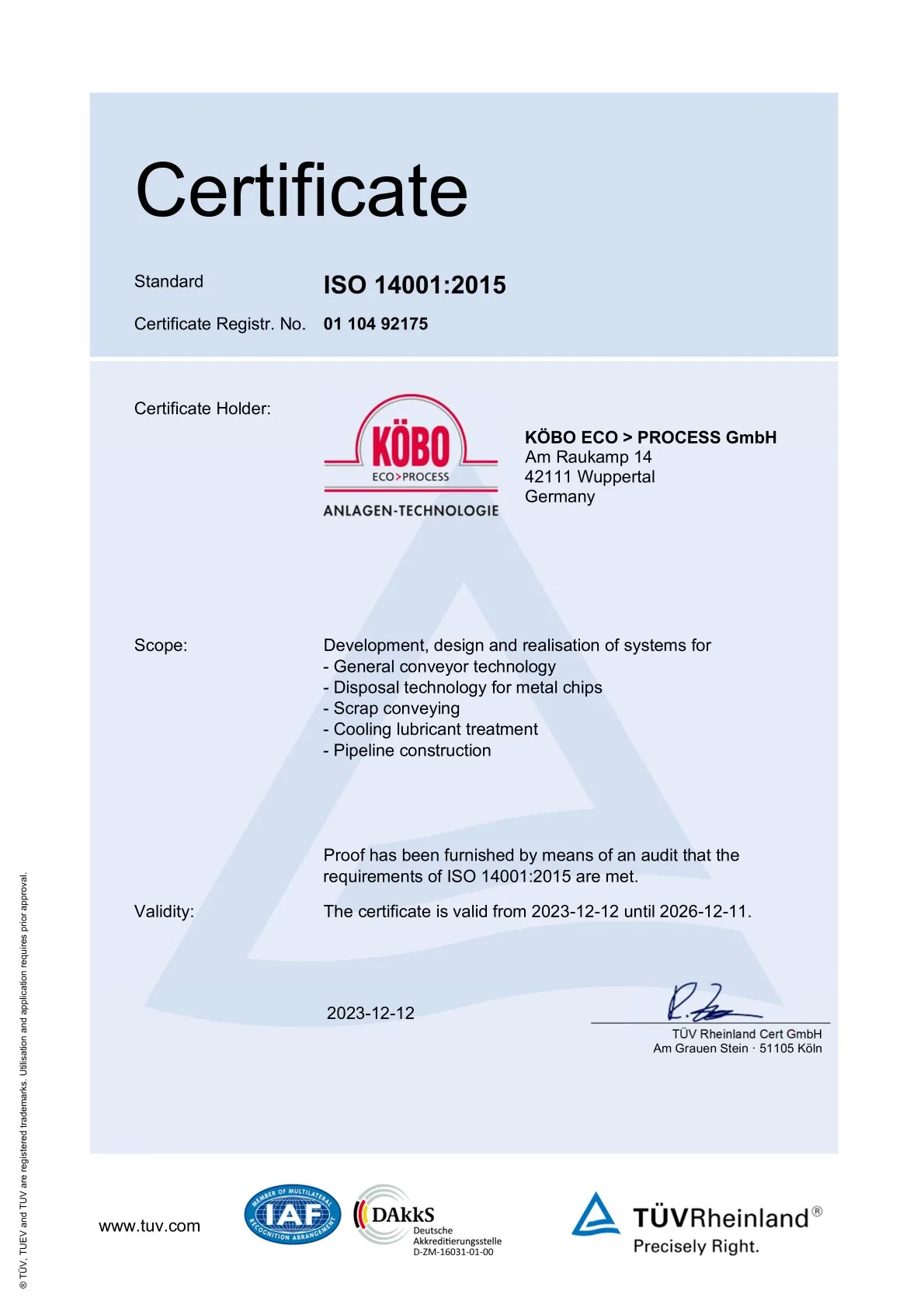 ISO 14001:2015 certificate – KÖBO ECO>PROCESS GmbH