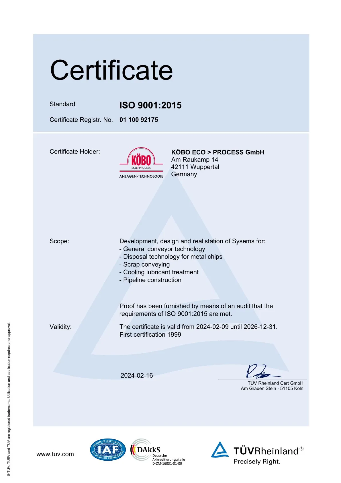 ISO 9001:2015 certificate – KÖBO ECO>PROCESS GmbH
